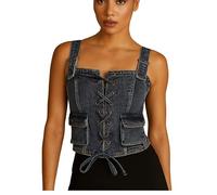 Enorsia Womens Denim Crop Vest Top Navy Lace-Up Front Fitted Body, Square Neckline, Adjustable Straps Flap Pockets, Sleeveless Corset Style for Summer Outfits(16, Vintage Mid Wash)