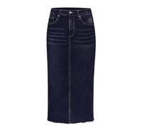 Enorsia Womens Denim Midi Skirt - Stretch Pencil Skirt with Embroidered Pocket - Front Zip Button Fastening - Back Slit Casual Jean for Everyday Wear (14, Navy)
