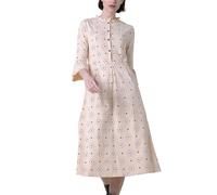 Enorsia Women's Ditsy Floral Midi Dress with Flounce Long Sleeves | Round Neckline, Button Front, Ruffle Tier Hem | Elegant Summer Cotton Jersey Casual Dress in Cream, 14