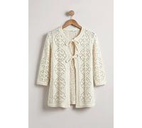 Enorsia Women's Ecru Crochet Front Tie Knit Cardigan Sweater in Off White | Size: Medium
