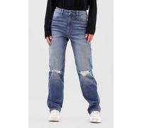 Enorsia Women's High Waisted Ripped Straight Fit Jeans in Mid Blue | Size: 18