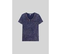 Enorsia Women's Indigo Washed Embroidered V-Neck T-shirt in Dark Blue | Size: 10