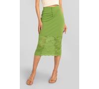 Enorsia Women's Lace Tiered Button Detail Midi Skirt in Green | Size: 8