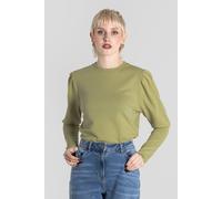 Enorsia Women's Long Sleeve Crew Neck Jersey Top With Puff Sleeve in Olive | Size: 16