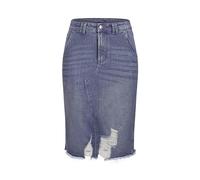 Enorsia Womens Mid Blue Denim Skirt with Slim Fit Knee Length Vintage Jean Skirt with Distressed Patch, Raw Hem Pockets, Belt Loops Zip Fly Casual Summer Outfit(12, Mid Blue)
