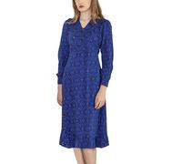 Enorsia Womens Midi Dress with V-Neck Pleated Collar, Puff Sleeves with Cuffs, Decorative Ornamental Print, Ruffle Hem, Slim Fit, Elegant Floral Print Dress for Party, Wedding - Navy, 14 UK Size