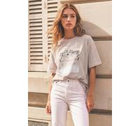 Enorsia Women's Mix Media Graphic Oversized T-Shirt in Beige | Size: Medium