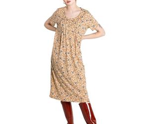 Enorsia Women's Nightwear Cotton Floral Print Short Sleeve Front Button Opening Ladies Nighties (Beige, 18)