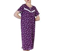 Enorsia Womens Nightwear Cotton Floral Print Short Sleeve Front Button Opening Ladies Nighties with Lace (Purple, 16)