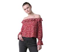 Enorsia Womens Off-The-Shoulder Bardot Top with Sheer Fluted Sleeves and Ruffle Hem Cuffs