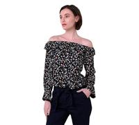 Enorsia Womens Off-The-Shoulder Bardot Top with Sheer Fluted Sleeves and Ruffle Hem Cuffs - Black, 16