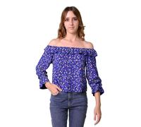 Enorsia Womens Off-The-Shoulder Bardot Top with Sheer Fluted Sleeves and Ruffle Hem Cuffs - Blue, 16