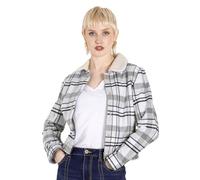 Enorsia Womens Plaid Check Borg Collar Shacket - Cozy Cotton Twill Layering Jacket with Snap Button Closure for Casual City Outings & Countryside Strolls (White,16)