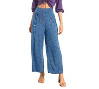 Enorsia Womens Printed Wide Leg Cropped Trousers with High Waist, Smocking Back, Asymmetric Ring Detail, and Butterfly-Star Allover Print (Blue,16)