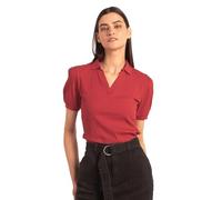 Enorsia Womens Puff Sleeve Polo Shirt with Ribbed Collar, Sleeve Cuffs, V-Shaped Neck Opening and Super Soft Variegated Rib Fabric (Red, 14)