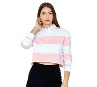 Enorsia Womens Raw Edge Hem Crop Striped Polo Shirt with Yarn Dye, Long Sleeves, Woven Collar, Matching Placket & Button at Front, Cropped Length (10, Pink)