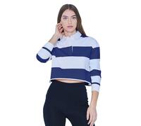 Enorsia Womens Raw Edge Hem Crop Striped Polo Shirt with Yarn Dye, Long Sleeves, Woven Collar, Matching Placket & Button at Front, Cropped Length (UK, Numeric, 10, Regular, Regular, Blue)