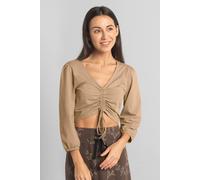 Enorsia Women's Ruched Long Sleeve Crop Top in Khaki | Size: 18