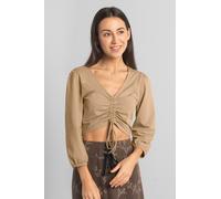 Enorsia Women's Ruched Long Sleeve Crop Top in Khaki | Size: 18 Enorsia Khaki 18