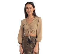 Enorsia Womens Ruched Long Sleeve Crop Top - Soft & Stretchy V Neck with Elastic Cuffs, Drawstring Detail & Tying Hem for Casual Stylish Wear (Khaki,8)