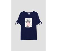 Enorsia Women's Ruched Sleeves Chest Printed T-Shirt in Blue | Size: 12