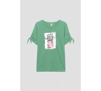 Enorsia Women's Ruched Sleeves Chest Printed T-Shirt in Green | Size: 14