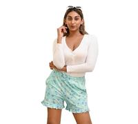 Enorsia Womens Ruffle Hem Printed Shorts with Elasticated Waist Soft Cotton Fabric - Comfortable and Stylish for Year-Round Relaxing (Blue, 18)