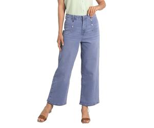 Enorsia Womens Sky Light Wash Decorative Button Cropped Wide Leg Denim Jeans High Waist with Zip Fly Hook Bar Fastening Back Pockets Trendy Wide Leg Cropped Fit Ladies Casual Fashion - Size 10 UK