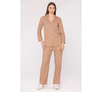 Enorsia Women's Soft Touch Button Through Shirt & Trouser Pyjama Set in Brown | Size: 14 Enorsia Brown 14