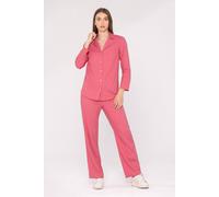 Enorsia Women's Soft Touch Button Through Shirt & Trouser Pyjama Set in Red | Size: 12