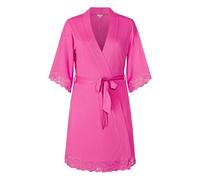 Enorsia Womens Soft Touch Viscose Lace Trim Kimono Robe - Oversized Open Front Mini Length Sleepwear with Self-Tie Belt and Luxury Lace Sleeves for Spa Day and Relaxation (14, Pink)