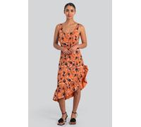 Enorsia Women's Square-Neck Ruffle Wrap Botanical Print Dress in Burnt Orange | Size: 18