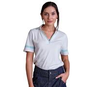 Enorsia Womens Stripe Polo Shirt with Slim Fit Short Sleeve V-Neck Cotton Top Contrast Tipped Collar Side Slits, Long Back Hem, Sporty Casual Look Womens Polo Shirt (18, Sky)