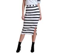 Enorsia Womens Striped Ribbed Jersey Midi Skirt Side Slit Pencil Elastic Waistband Comfy Stretch Slim Fit Casual Office Winter Skirt Soft Cotton Elastane Fabric UK Size - Black & White, 12 UK Size