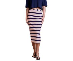 Enorsia Womens Striped Ribbed Jersey Midi Skirt Side Slit Pencil Elastic Waistband Comfy Stretch Slim Fit Casual Office Winter Skirt Soft Cotton Elastane Fabric UK Size - Purple & Navy, 14 UK Size
