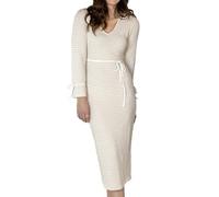 Enorsia Womens Textured Stretch Jersey Long Sleeve Midi Dress with Deep V-Neck, Slim Fit, Ruffled Cuffs and Front Tie Belt (Cream, 12)