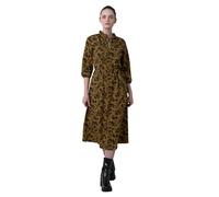 Enorsia Womens Tie Frill Neck Printed Midi Dress with 3/4 Puff Sleeves, Elasticated Cuff, Frilly Detail On The Neck (Gold, 8)