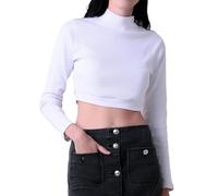 Enorsia Womens Turtleneck Crop Top - Slim Fit Long Sleeve Ribbed Knit Shirt with Snap Button Closure - Stretchy Elastic Hem Casual Fashion Top for Layering & Outfits (16, White)
