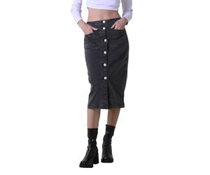 Enorsia Womens Washed Black Denim Midi Skirt with Button Opening At The Front, Back Welt Pocket, Front Pocket (Black, 14)