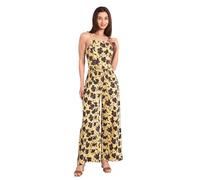 Enorsia Womens Wide Leg Jumpsuit With Halter Neck, Floral All Over Print, Back Shoulder Strap, Smocked Waist And Soft Touch Cotton Fabric (Yellow, 16)