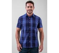 ENORSIA Yellow Blue Check Short Sleeve Casual Shirt - L - Blue - 60% Cotton, 40% Polyester