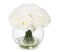 ENOVA FLORAL 16 Heads Silk Rose Artificial Flowers in Vase,Faux Rose Flowers Arrangement in Round Bowl Vase with Faux Water for Table Decor Centerpieces (White)
