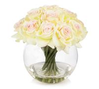 ENOVA FLORAL 16 Heads Silk Rose Artificial Flowers in Vase,Faux Rose Flowers Arrangement in Round Bowl Vase with Faux Water for Table Decor Centerpieces (Champagne)