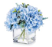 ENOVA FLORAL Blue Hydrangea Artificial Flowers with Vase Home Decor Indoor, Silk Hydrangea Artificial Flowers in Vase with Faux Water for Dining Table Decorations, Wedding (Blue)