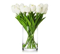 ENOVA HOME 20 Pieces Artificial Real Touch Tulips Flower Arrangement in Glass Vase with Faux Water for Home Decoration (White)