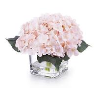 Enova Home Artificial Hydrangea Silk Flowers Arrangements in Glass Vase for Home Wedding Decoration (Blush)