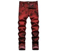Enrica Men's Ripped Distressed Destroyed Straight Fit Washed Denim Jeans, Dark Red 843, 34