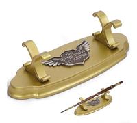 EnrichFun Magic Wand Stand Display - Resin Wand Holder with Owl Badge, Showcase Three Wands for Wizard Collection & Decoration, Golden