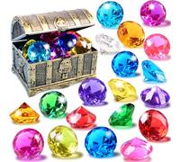 EnriQ Diving Gems Pool Toys, 18 Big Colorful Acrylic eDiamond with Pirate Treasure Chest Summer Underwater Gem Acrylic Diamond Shaped Gemstones for Home Table Vase Fillers Party Decor