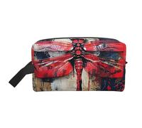 ENRPTY Abstract Red Dragonfly Print Travel Toiletry Zipper Storage Pouch For Women Men Portable Makeup Bag Purse